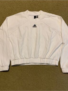 Adidas White Cropped Center Logo White Sweatshirt Size Medium